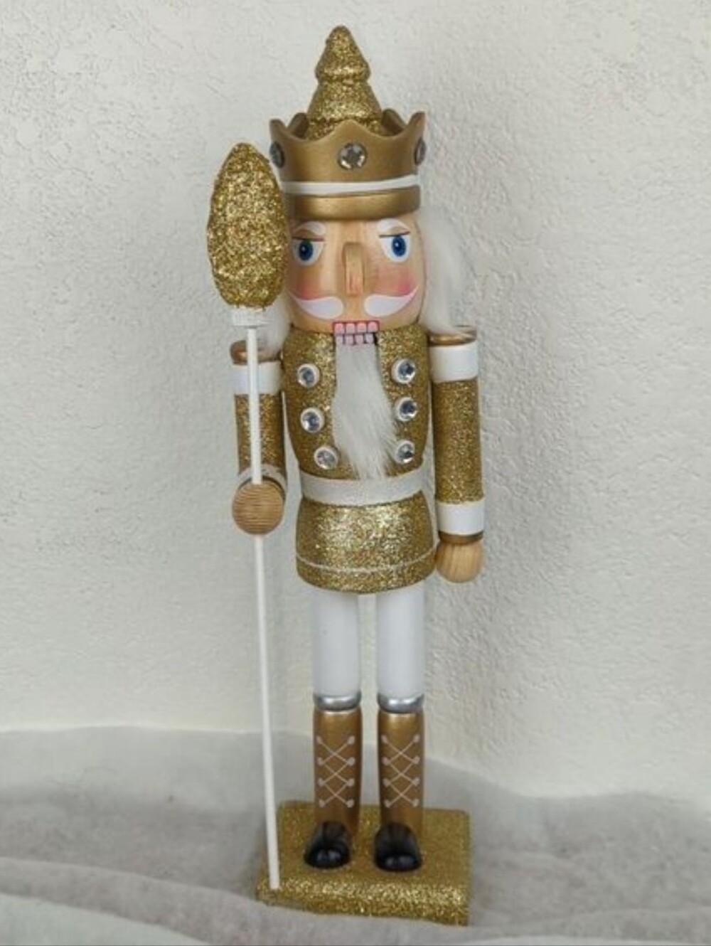 One 14" Tall Solid Wood Nutcracker King In Glittering Gold. (multiple available)